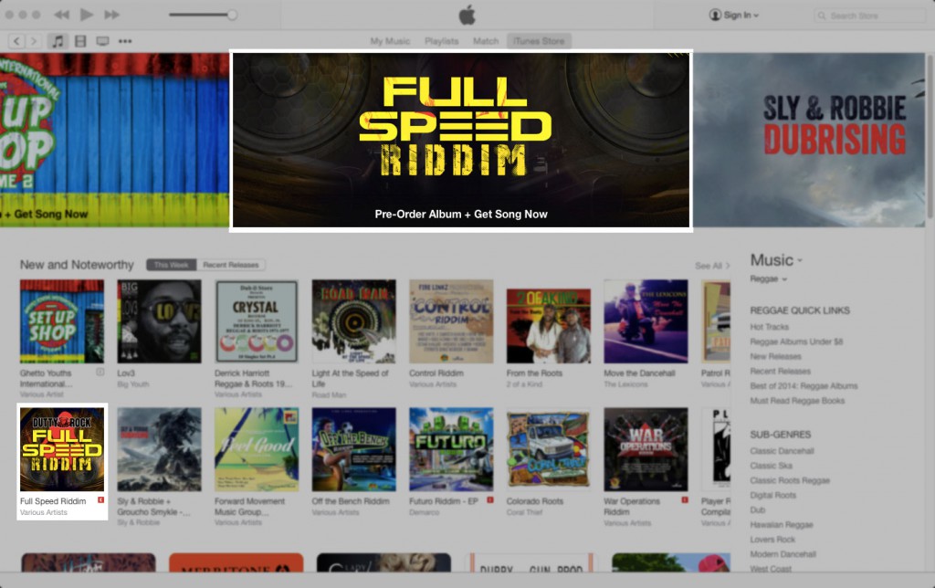 The Full Speed Riddim gets featured on the iTunes Store reggae page!